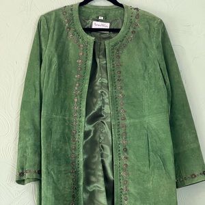 Pamela McCoy Green Swede Leather Jacket with Decorative Edging - Size Large